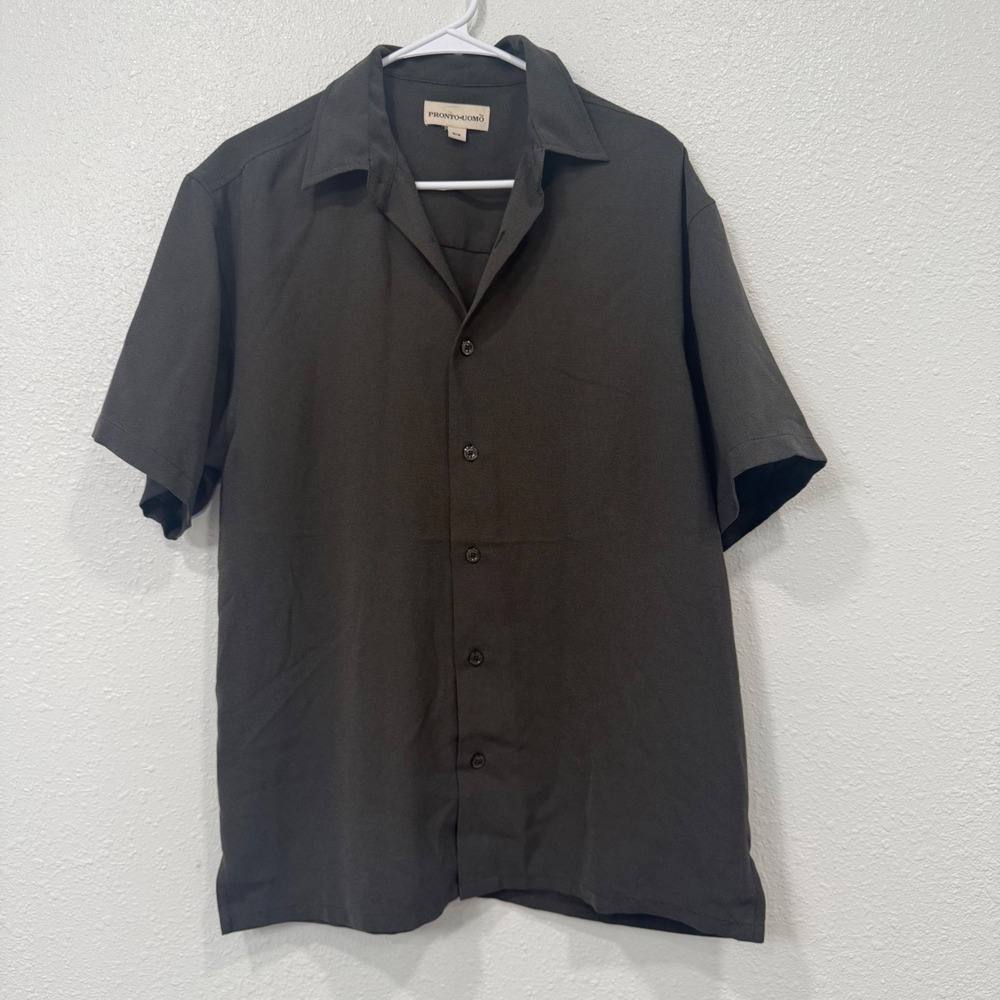 Pronto Uomo Mens Short Sleeve Button Up Shirt Dark‎ Olive Brown Textured Medium